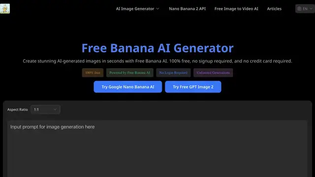 Vista previa del sitio web de Free Banana Image AI