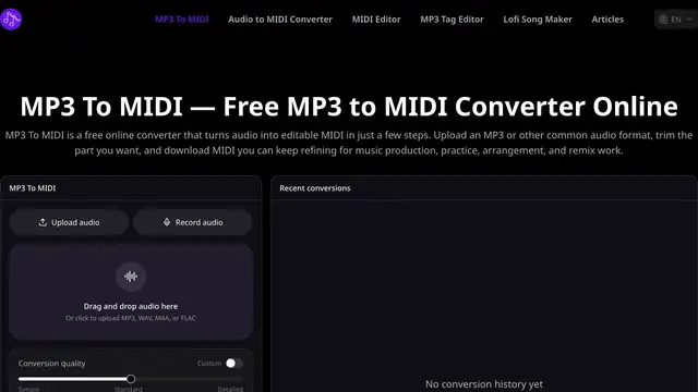 Vista previa del sitio web de Free MP3 to MIDI Converter