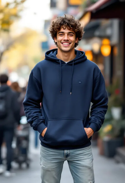 1boy, male_focus, hood, jeans, realistic, denim, afro, smile, solo, pants, hoodie, blurry_background, facial_hair, blurry, hands_in_pockets, outdoors, curly_hair, torn_pants, looking_at_viewer, brown_hair, torn_clothes, torn_jeans, blue_hoodie, teeth, grin