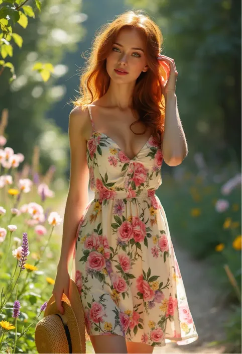 A tall, slender woman with a graceful figure stands in soft sunlight. Her auburn hair cascades in loose, bouncy curls to her shoulders, framing an oval face with high cheekbones and a delicate nose. Her almond-shaped green eyes sparkle with warmth, complemented by a gentle smile on her rosy lips. Her fair skin has a light dusting of freckles across the bridge of her nose.
She wears a knee-length sundress with a sweetheart neckline and thin straps. The dress features a vibrant floral pattern of pink roses, yellow daisies, and purple lavender on a white background. The bodice is fitted, accentuating her slim waist, while the skirt flares out slightly. She's barefoot, with slender ankles and delicate feet.
Her posture is relaxed yet elegant, with one hand lightly touching her hair and the other holding a straw sun hat. She stands in a lush garden, surrounded by blooming flowers that echo the pattern on her dress. Soft, dappled sunlight filters through nearby trees, casting a warm glow on her skin and dress.