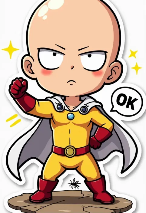 Anime sticker style, Saitama from One Punch Man, chibi proportions with oversized head and small body. Shiny bald head reflecting light, large expressive eyes, simple facial features. Wearing iconic yellow jumpsuit with red gloves and boots, white cape billowing behind. Neutral expression with slight hint of boredom. Standing in heroic pose with one fist raised. Vibrant color palette with bold outlines and flat shading. Minimalist background with speed lines and impact stars. Cute and compact design with rounded edges and soft shadows. Signature "OK" hand gesture visible. Small cracks in ground beneath feet to show strength. Floating text bubble with "OK" written inside. Tiny oppai (mosquito) buzzing nearby for humorous touch. Slight glossy effect on sticker surface. White border around entire image to emphasize sticker appearance. Kawaii style with exaggerated features and simplified details.