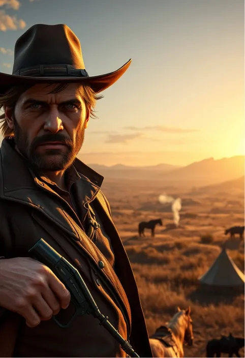 A cinematic scene from the action-adventure western game Red Dead Redemption 2, featuring the rugged outlaw Arthur Morgan in the foreground. He stands tall, wearing a weathered cowboy hat, leather duster coat, and gun belt. His face is stubbled, with piercing blue eyes and a determined expression. Arthur holds his signature Cattleman Revolver, ready for action. The background showcases a breathtaking Wild West landscape at golden hour, with rolling plains, distant mountains, and a setting sun casting long shadows. A camp with tents and a campfire can be seen nearby, smoke rising lazily. In the middle distance, Arthur's loyal horse is grazing. The scene is rich in detail, with realistic textures on clothing and environment. The color palette is warm and earthy, dominated by browns, oranges, and deep reds. The atmosphere is tense yet beautiful, capturing the game's blend of danger and freedom in the American frontier. Photorealistic style with a touch of painterly quality, emphasizing the game's stunning visuals and immersive world.