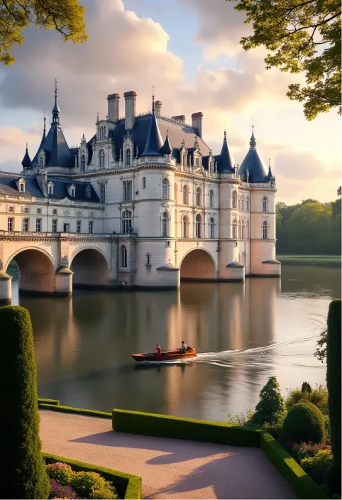 Majestic Château de Chenonceau spanning the Cher River, French Renaissance architecture gleaming in golden sunset light. Elegant white limestone façade with intricate carvings and tall chimneys reflected in calm waters below. Arched bridge supports adorned with graceful galleries, creating a seamless blend of structure and nature. Lush formal gardens flank both riverbanks, vibrant with colorful flowerbeds and meticulously trimmed hedges. Ancient oak and cypress trees frame the château, their leaves rustling in a gentle breeze. Soft, wispy clouds paint the sky in hues of pink and lavender. A small wooden boat drifts near the château's base, emphasizing its grand scale. Ornate windows and balconies cast long shadows across the water's surface. In the foreground, a gravel path lined with perfectly manicured topiaries leads the eye to the magnificent edifice. Capture the scene with a wide-angle lens, emphasizing the château's harmonious integration with its idyllic surroundings, conveying a sense of timeless beauty and French aristocratic splendor.